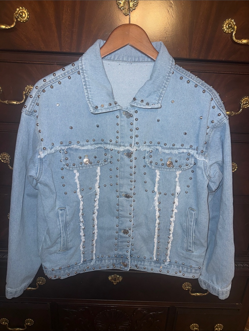 Light Blue Studded Distressed Denim Jacket - Women Y2K